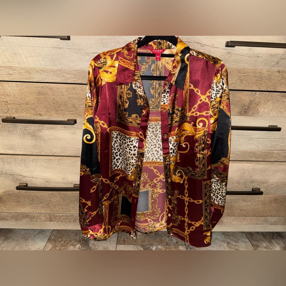 GUESS Burgundy Leopard Button Front Blouse